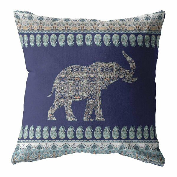 Homeroots 26 in. Navy Ornate Elephant Indoor & Outdoor Zippered Throw Pillow 412956